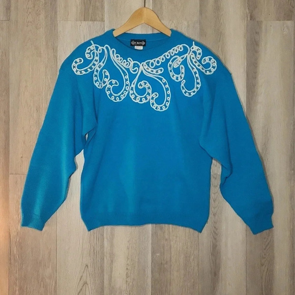 Eckos Blue White Embroidered Swirls Long Sleeve Crew Neck Sweater Womens Size 7 - Picture 1 of 6